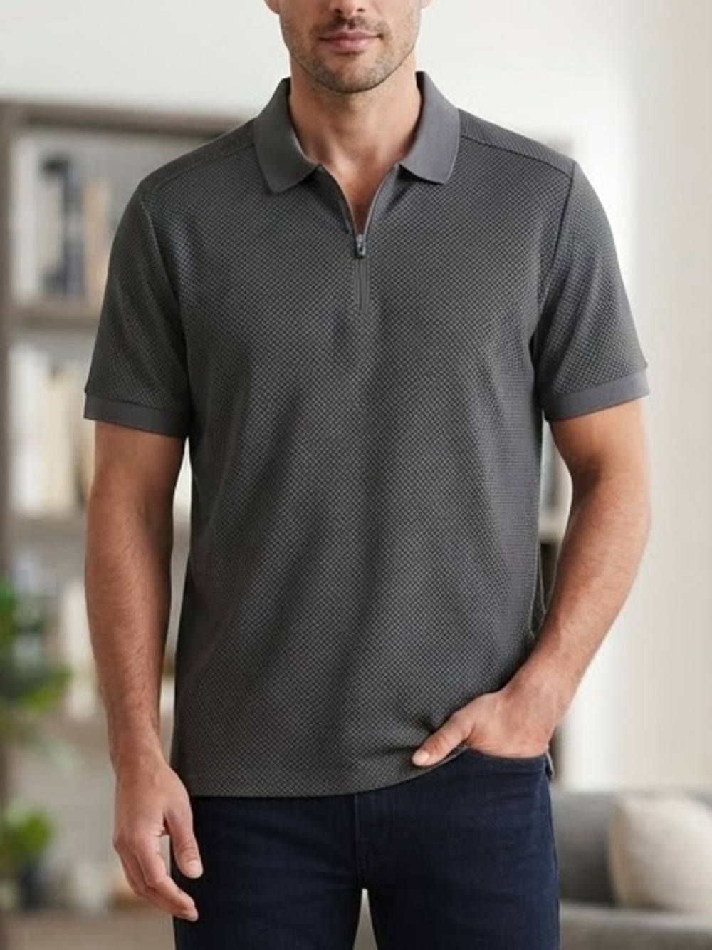 Vince Camuto Men's Charcoal Gray Short-Sleeve Zip Polo